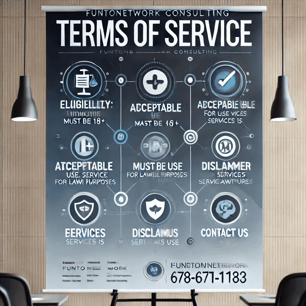 Poster titled 'Terms of Service' with various eligibility and service use rules in an office setting.