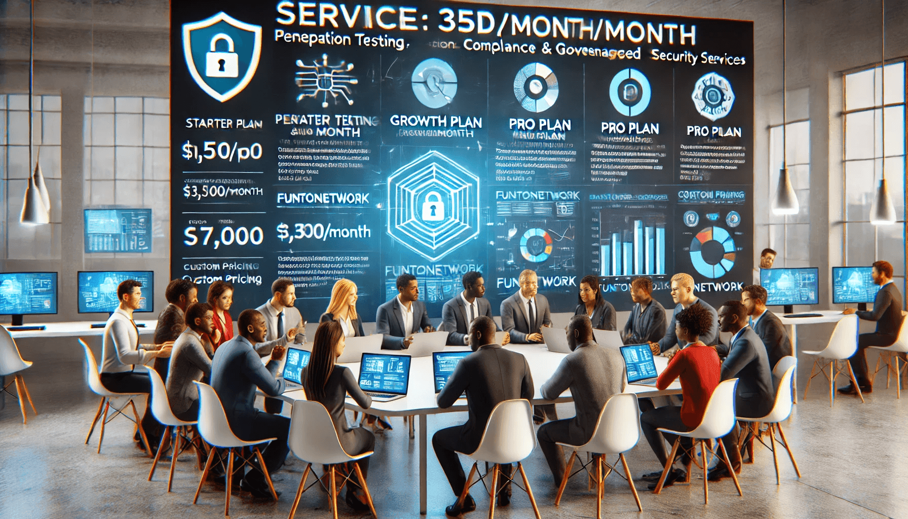 Group of professionals in a meeting with digital security service plans displayed on a large screen.