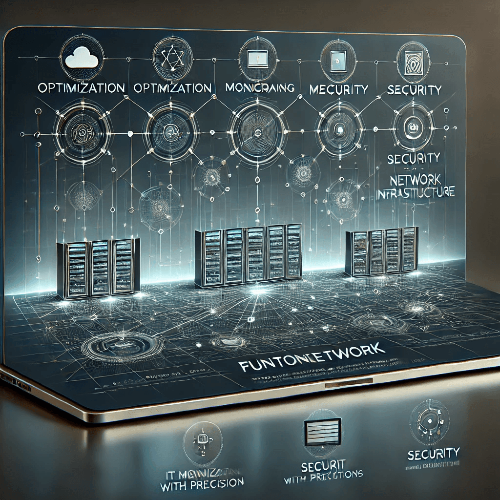 Futuristic digital interface displaying network optimization and security concepts with server racks.