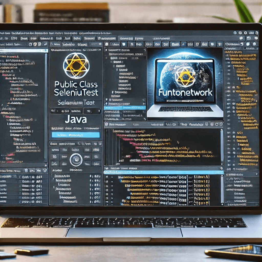 Laptop screen displaying code and software interfaces, featuring Java and Selenium Test.