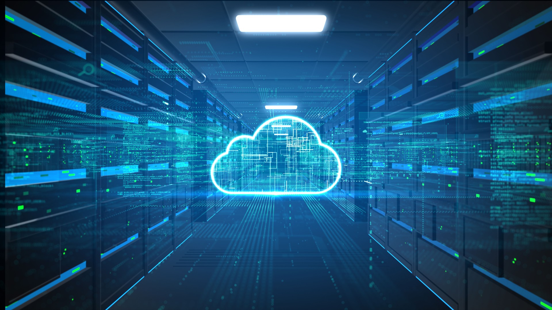 Cloud computing server room with digital data transfer, virtual cloud storage, and futuristic IT infrastructure for big data and web hosting. 3d Rendering