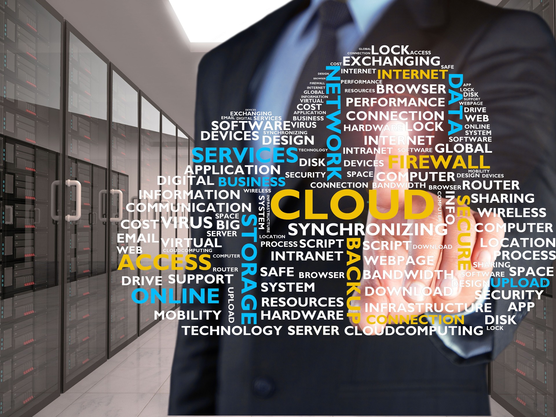 Concept of cloud computing on touch screen