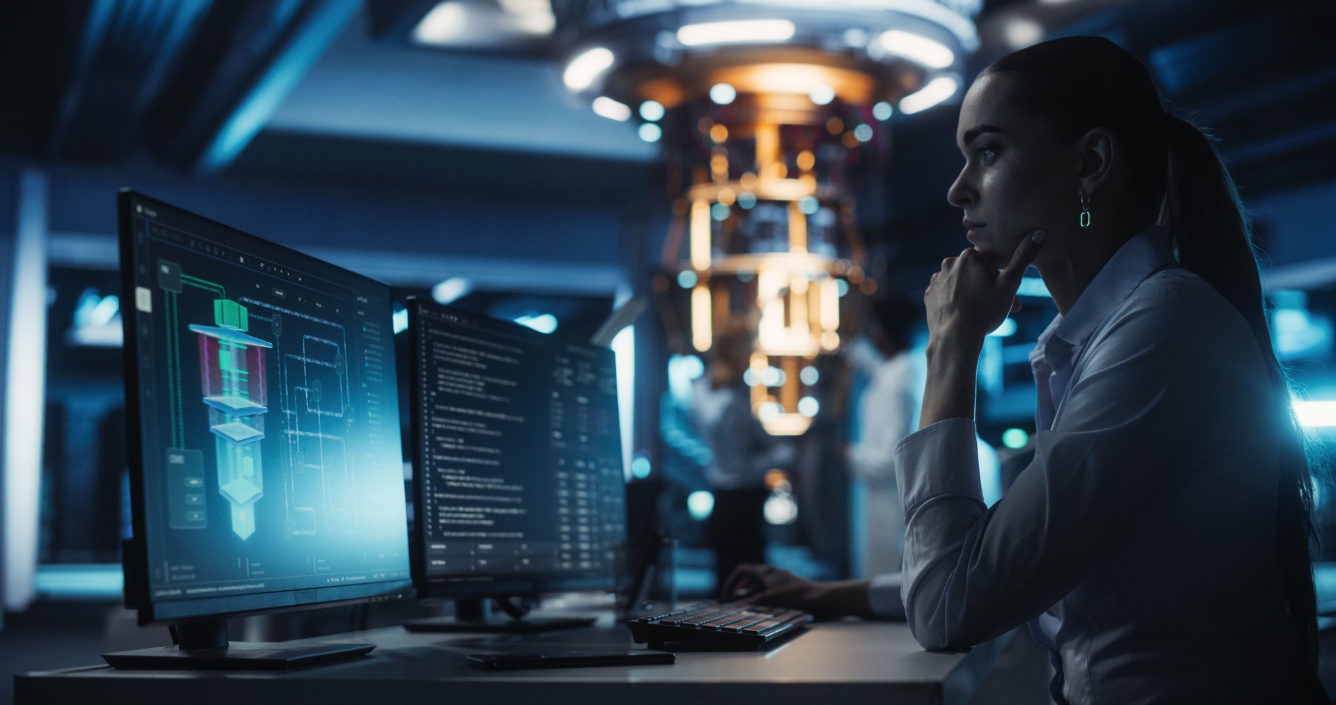Smart Female Engineer Working Behind a Desk on a Computer. Scientist Optimizing Software Code of a Quantum Processor, Building a Visual Model of the Quantum Computing Architecture