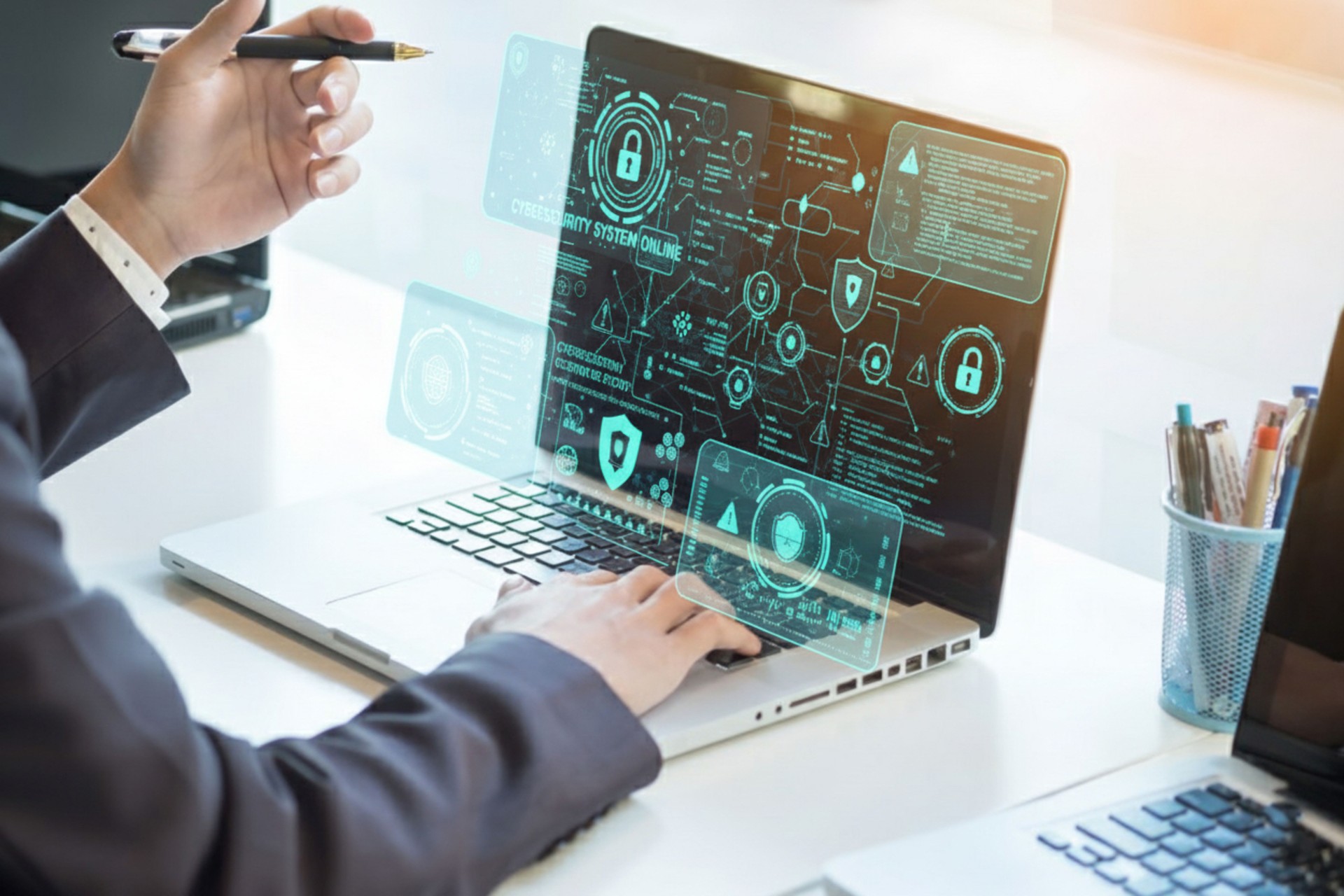 Cybersecurity System Online: Professional Working on Laptop with Holographic Digital Data Protection Interface