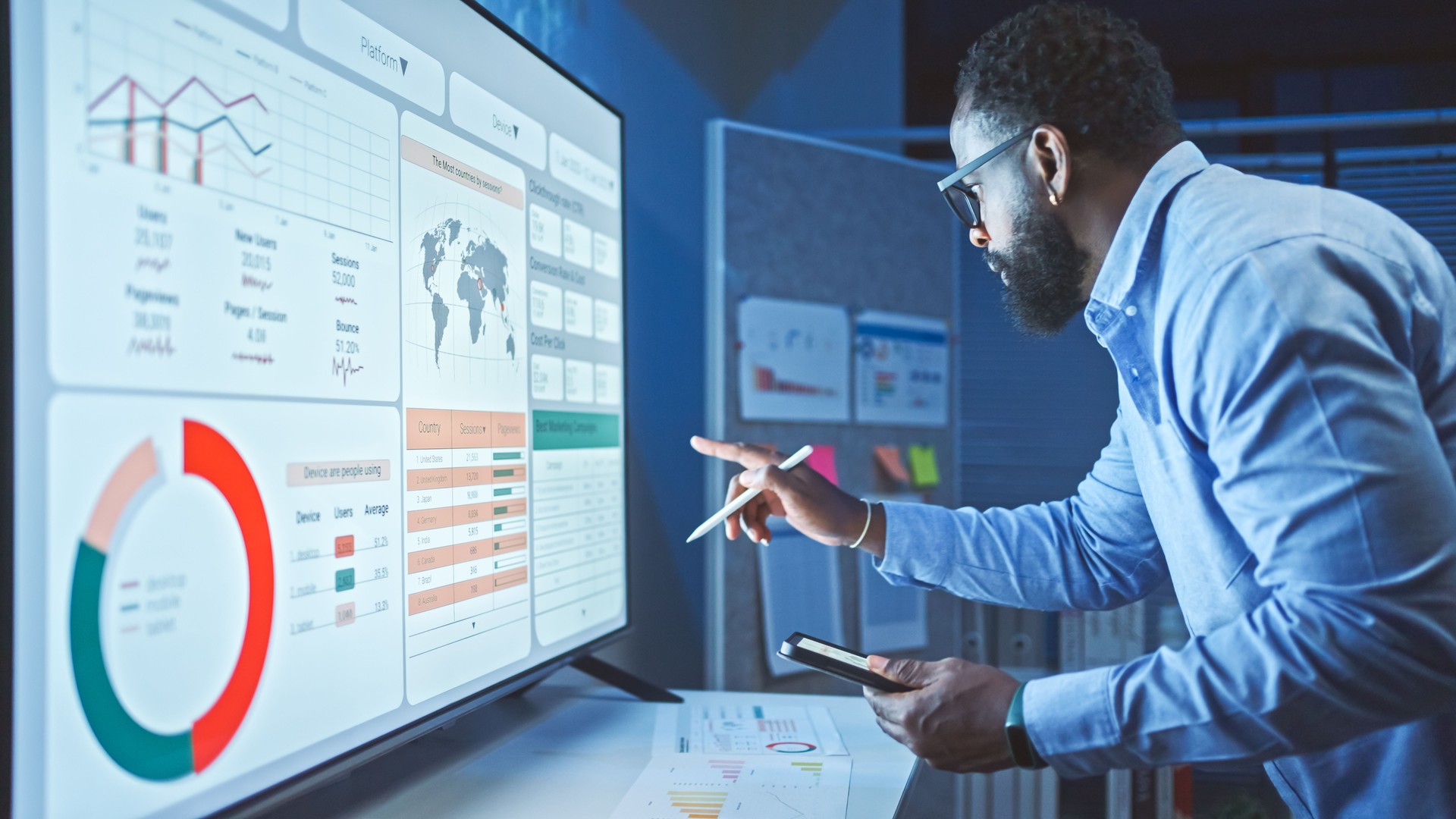 A  Man Reviews the Data Analysis of Marketing from Social Media Platforms.
