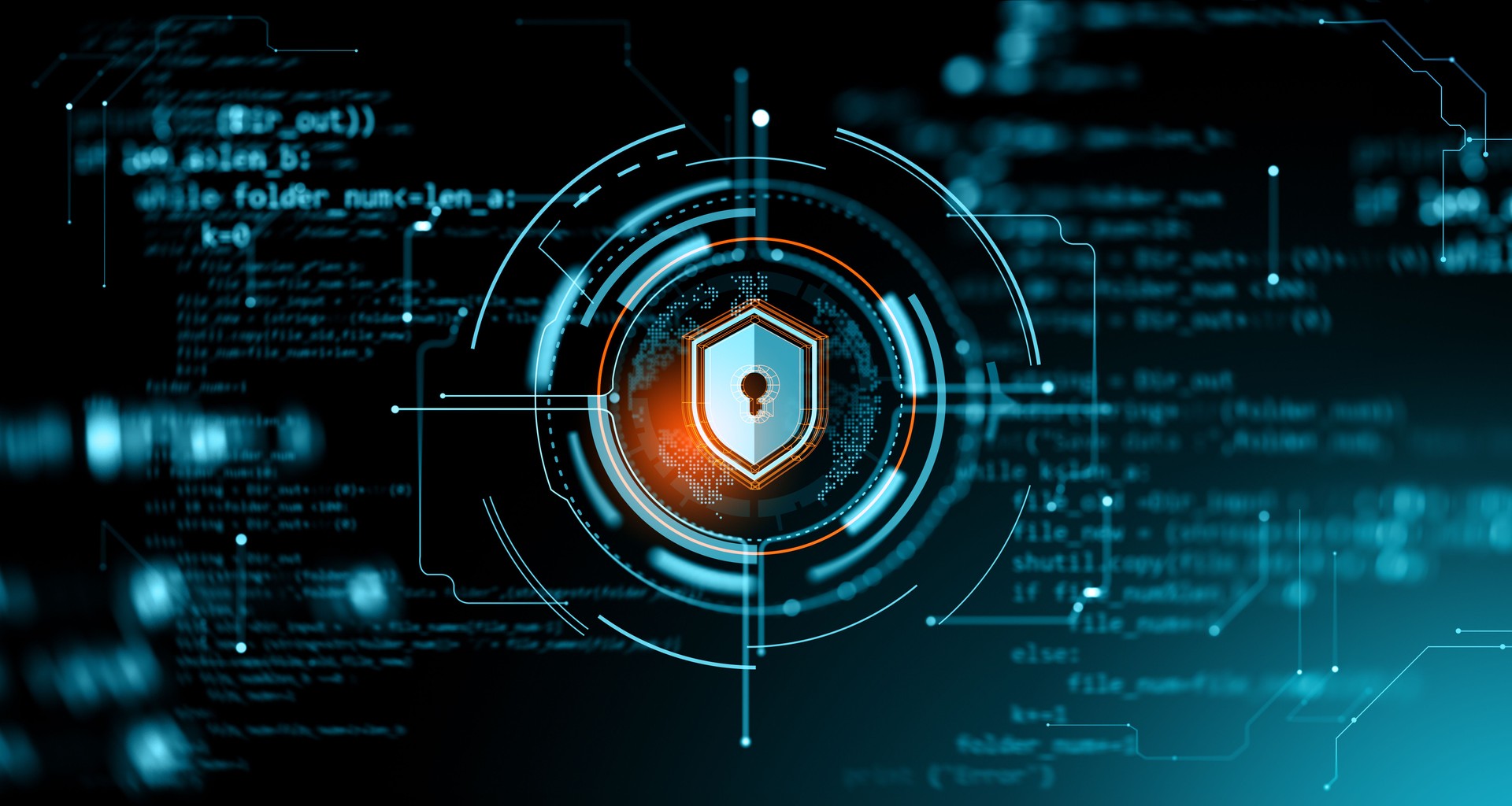 Digital shield icon with keyhole at center surrounded by tech elements on dark background with code lines. Concept of cybersecurity and protection. 3D Rendering
