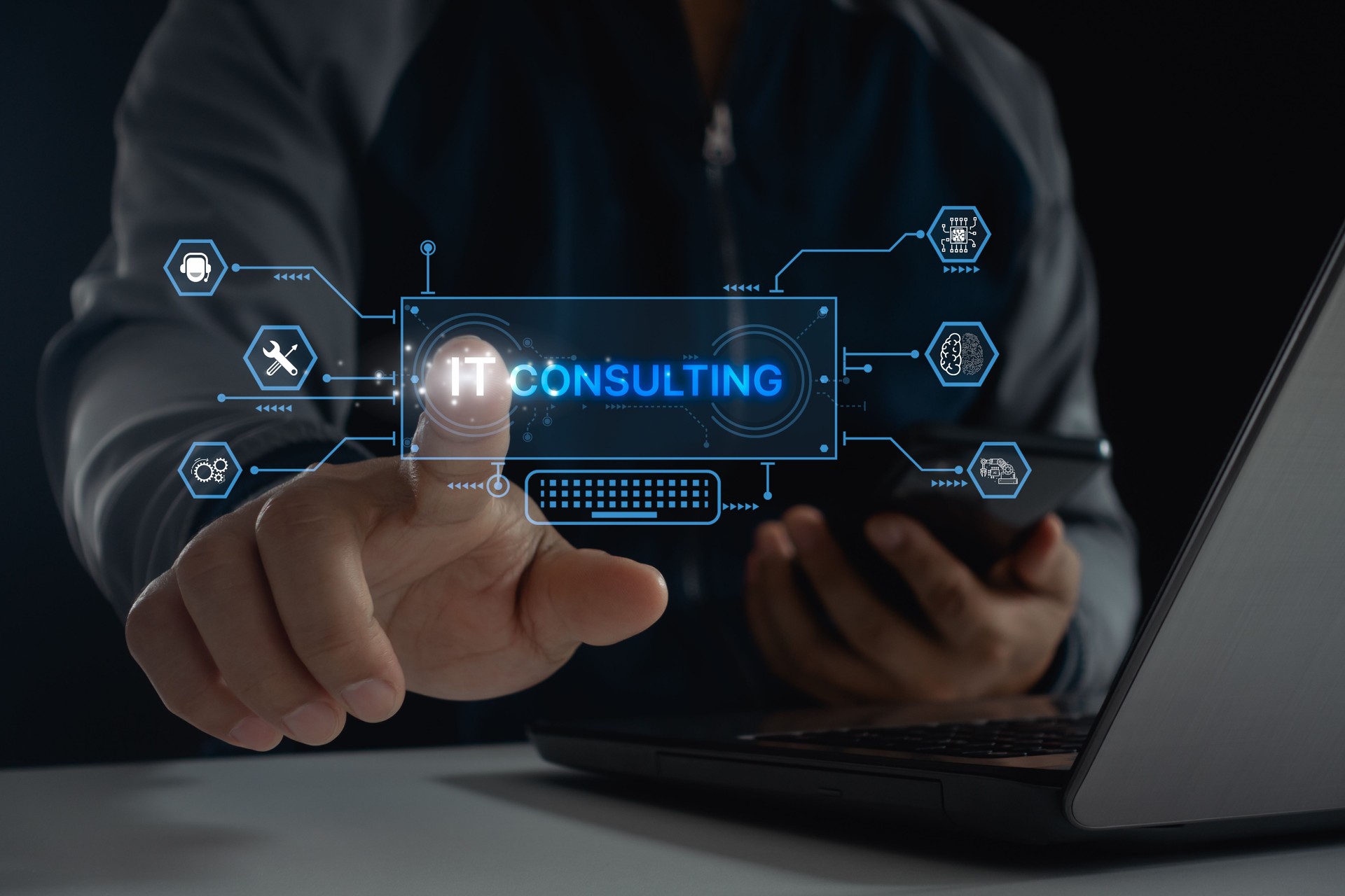 IT consulting present information technology with AI. Technical support operator is working on laptop computer with virtual screen. Help desk call center online. Business consultant assurance service. IT consulting present information technology with AI. Technical support operator is working on laptop computer with virtual screen. Help desk call center online. Business consultant assurance service.