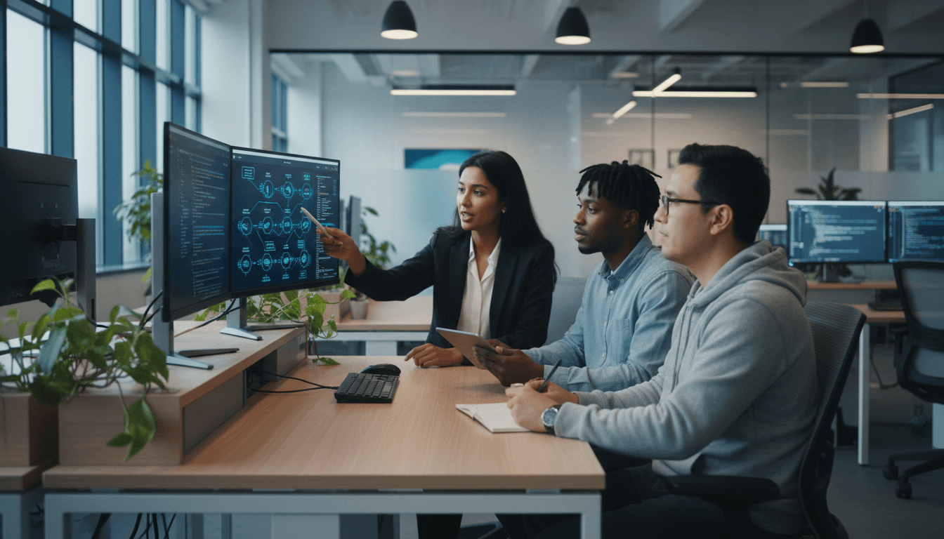 Diverse IT consulting team collaborating at workstations with multiple monitors displaying network diagrams and system dashboards Diverse IT consulting team collaborating at workstations with multiple monitors displaying network diagrams and system dashboards
